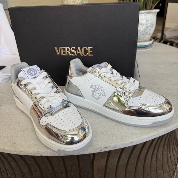 Versace Medusa White Leather Men's Sneaker Shoe, 1013377, Silver patent leather - Picture 6 of 13